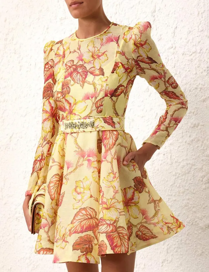 Women Dresses Zimmermann Matchmaker Floral Mini Dress Yellow Hibiscus