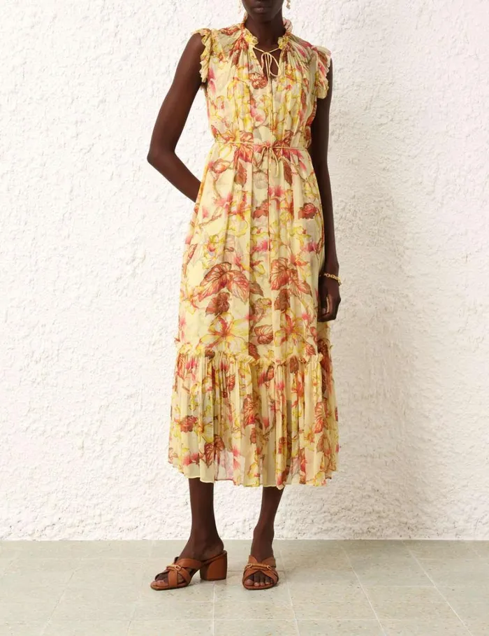 Women Dresses Zimmermann Matchmaker Flutter Midi Dress Yellow Hibiscus