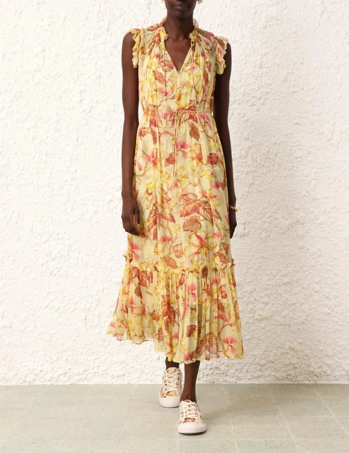 Women Dresses Zimmermann Matchmaker Flutter Midi Dress Yellow Hibiscus