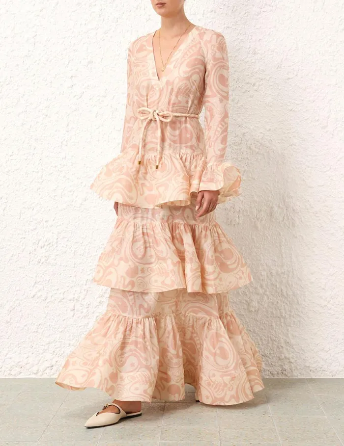 Women Dresses Zimmermann Matchmaker V Neck Gown Pinkcream Abstract Musical