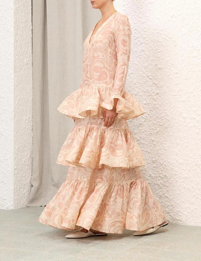 Women Dresses Zimmermann Matchmaker V Neck Gown Pinkcream Abstract Musical