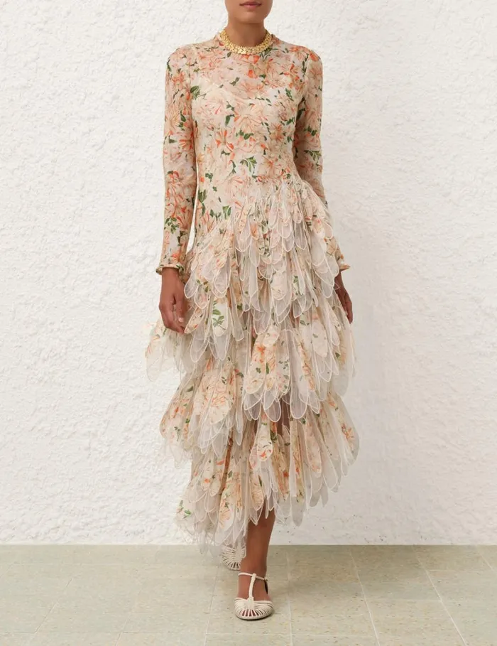 Women Dresses Zimmermann Natura Feather Midi Dress Coral Azalea