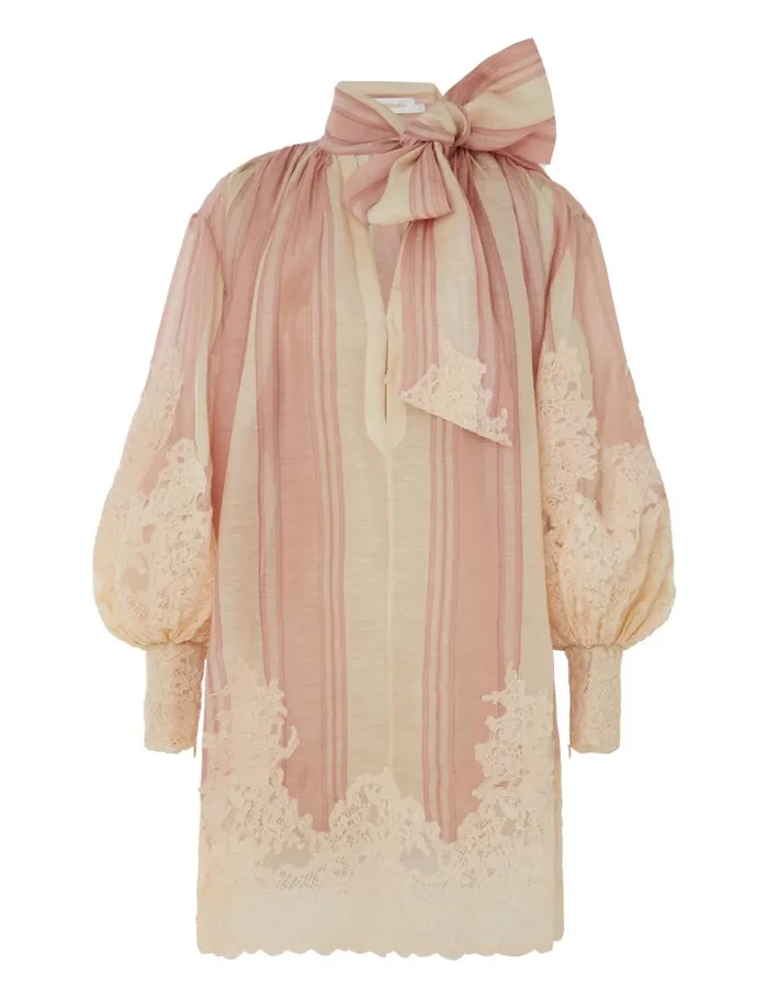 Women Dresses Zimmermann Natura Lace Edge Tie Mini Pinkcream Stripe