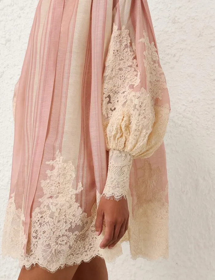Women Dresses Zimmermann Natura Lace Edge Tie Mini Pinkcream Stripe