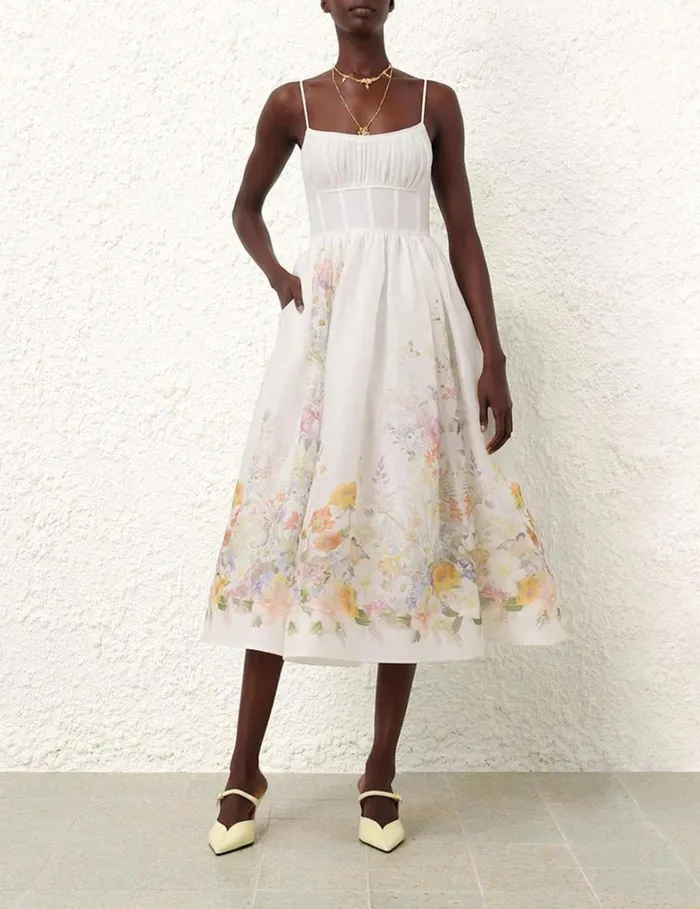 Women Dresses Zimmermann Natura Ruched Midi Dress Ivory Wild Flowers