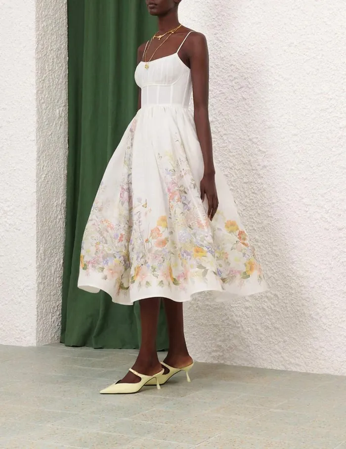 Women Dresses Zimmermann Natura Ruched Midi Dress Ivory Wild Flowers
