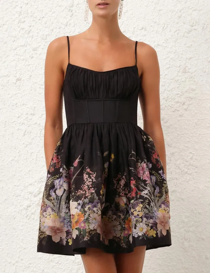 Women Dresses Zimmermann Natura Ruched Mini Dress Black Wild Flowers