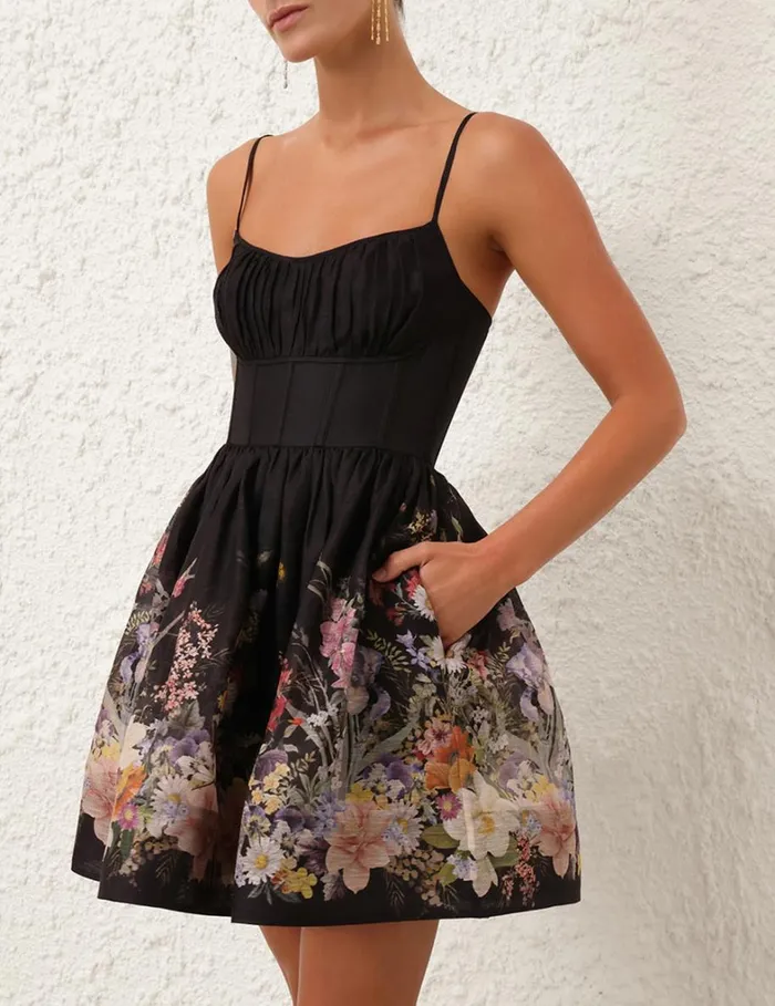 Women Dresses Zimmermann Natura Ruched Mini Dress Black Wild Flowers