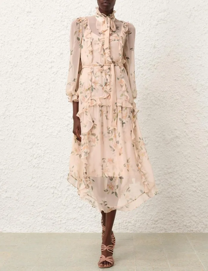 Women Dresses Zimmermann Natura Ruffle Midi Dress Coral Camellia