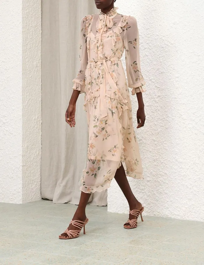 Women Dresses Zimmermann Natura Ruffle Midi Dress Coral Camellia