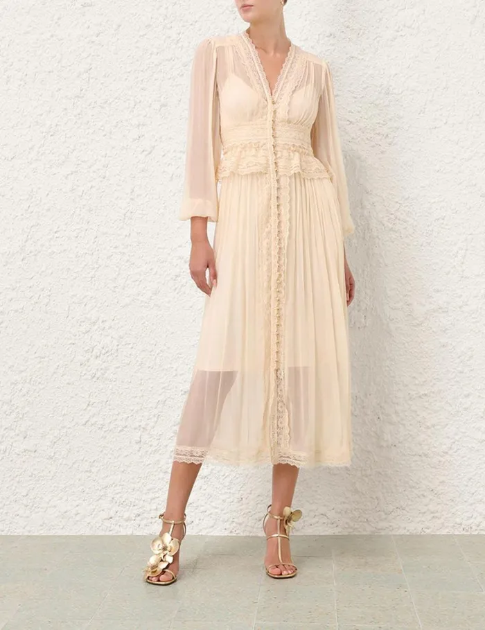 Women Dresses Zimmermann Natura V Neck Button Midi Buff