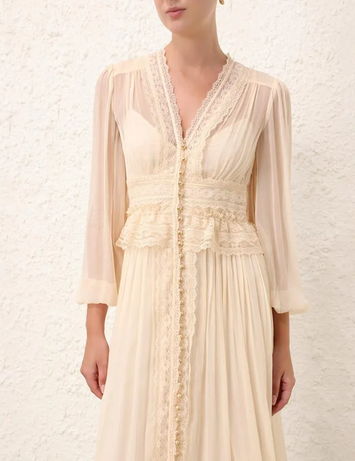 Women Dresses Zimmermann Natura V Neck Button Midi Buff