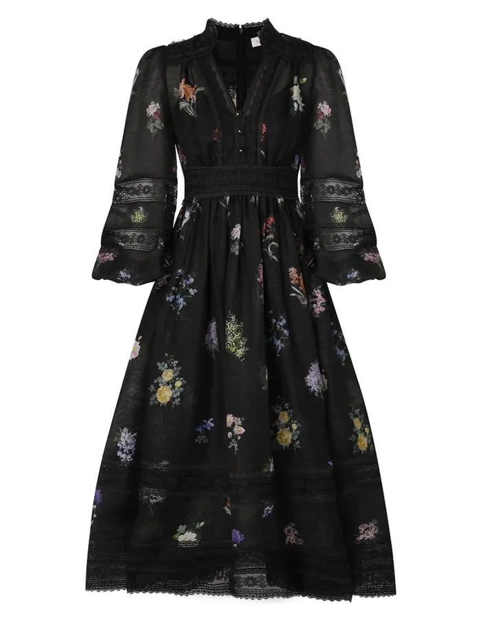 Women Dresses Zimmermann Natura V Neck Lace Midi Dress Multi Botanical Black