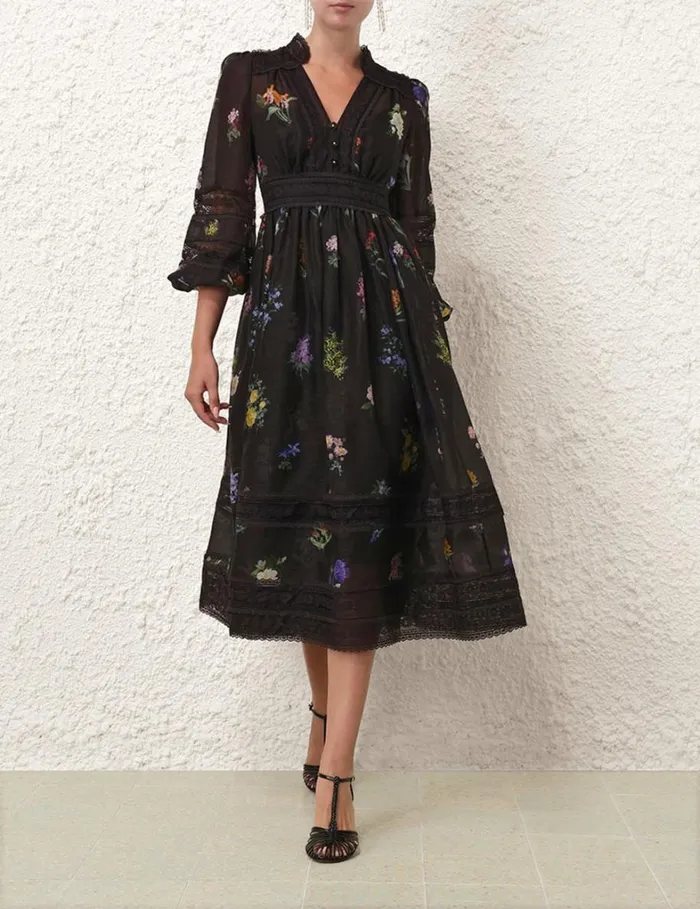 Women Dresses Zimmermann Natura V Neck Lace Midi Dress Multi Botanical Black