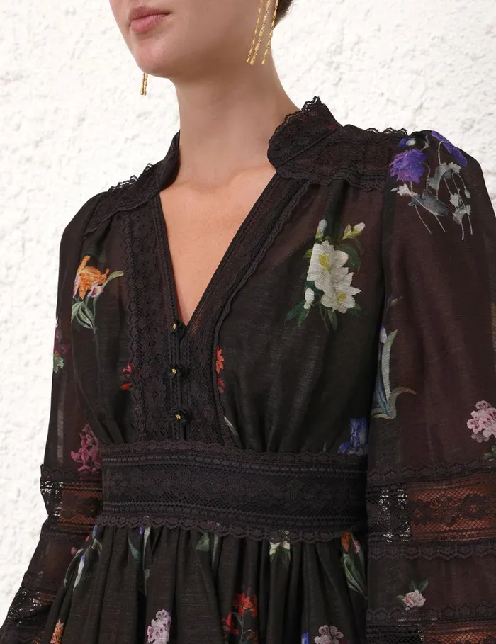 Women Dresses Zimmermann Natura V Neck Lace Midi Dress Multi Botanical Black