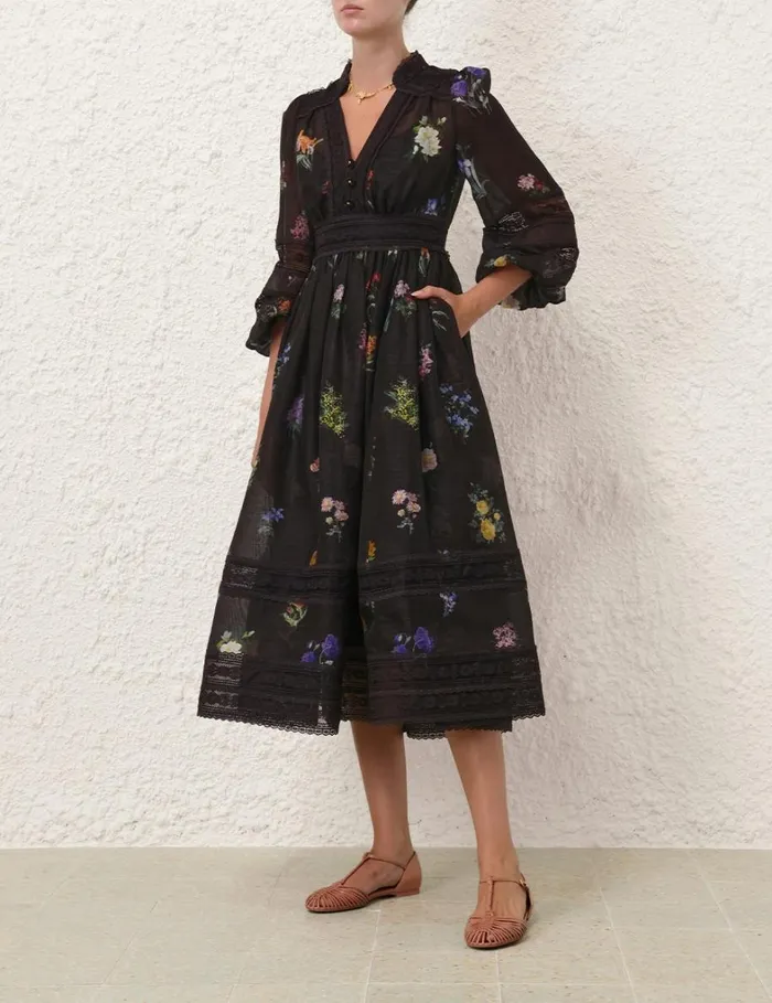Women Dresses Zimmermann Natura V Neck Lace Midi Dress Multi Botanical Black