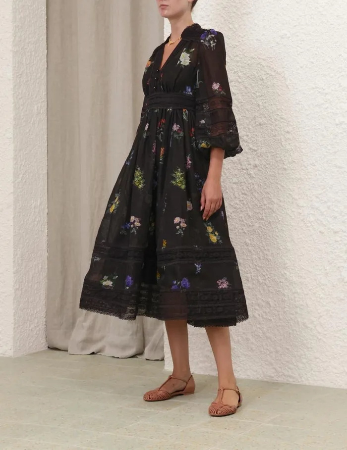 Women Dresses Zimmermann Natura V Neck Lace Midi Dress Multi Botanical Black