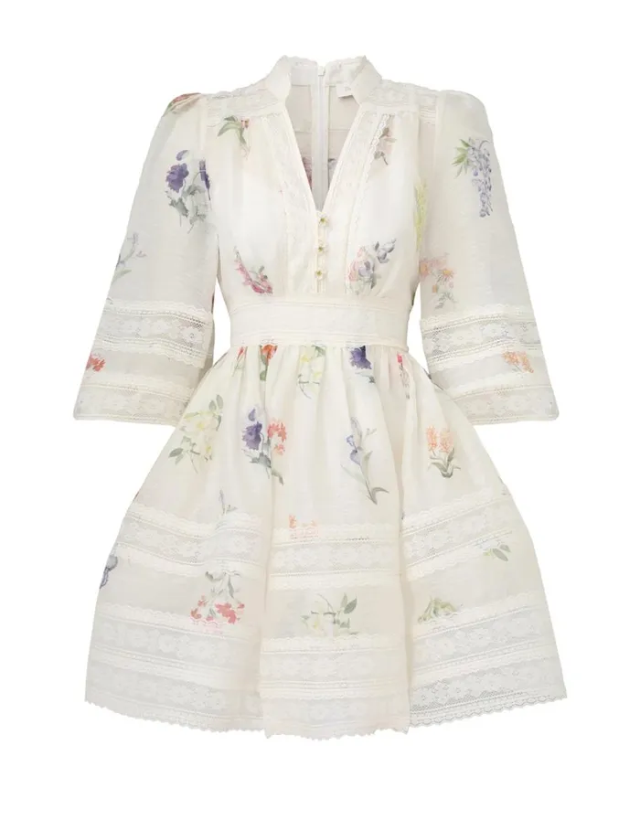 Women Dresses Zimmermann Natura V Neck Lace Mini Dress Multi Botanical Ivory