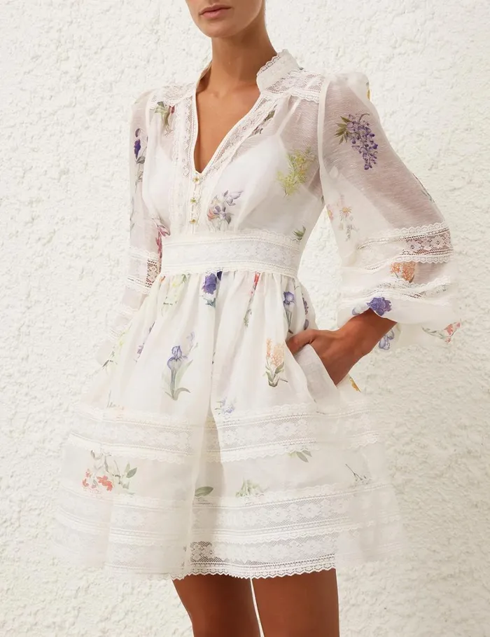 Women Dresses Zimmermann Natura V Neck Lace Mini Dress Multi Botanical Ivory