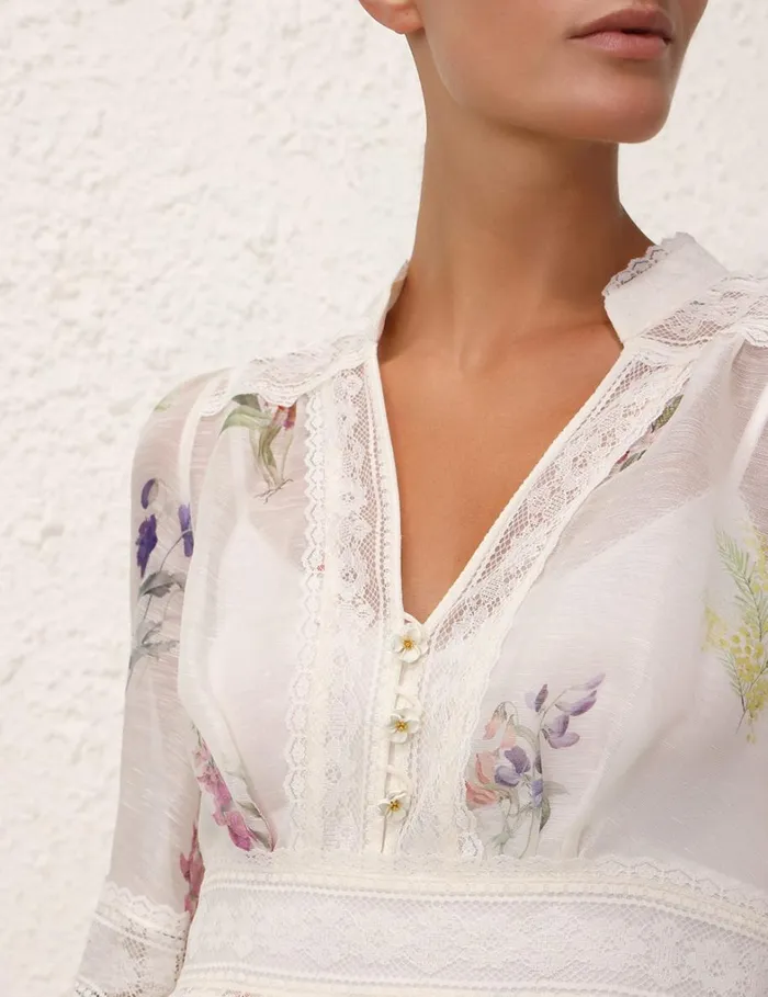 Women Dresses Zimmermann Natura V Neck Lace Mini Dress Multi Botanical Ivory