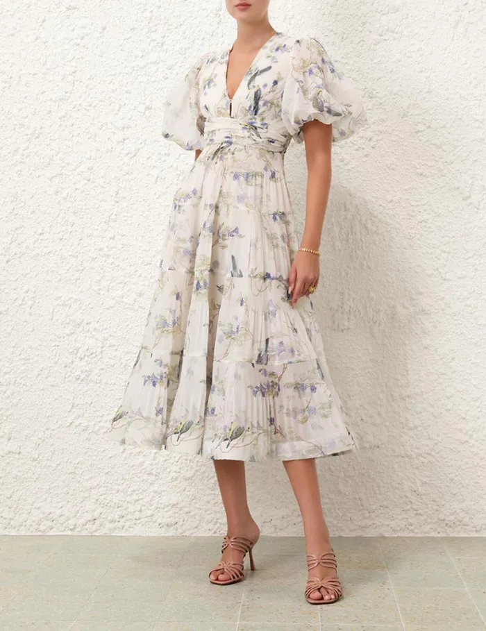 Women Dresses Zimmermann Pleated Midi Dress Blue Birds