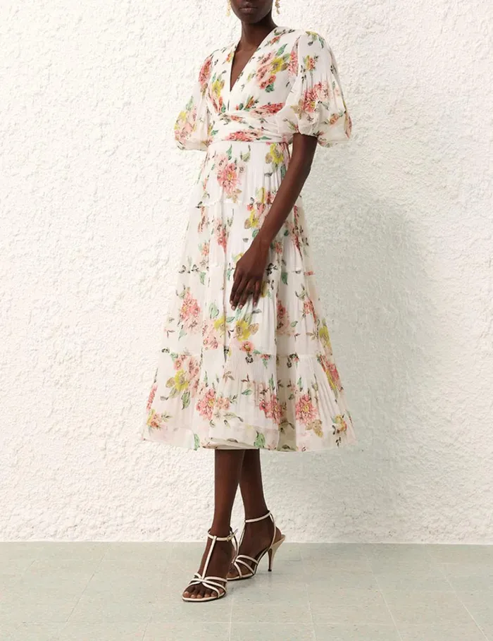 Women Dresses Zimmermann Pleated Midi Dress Coral Floral