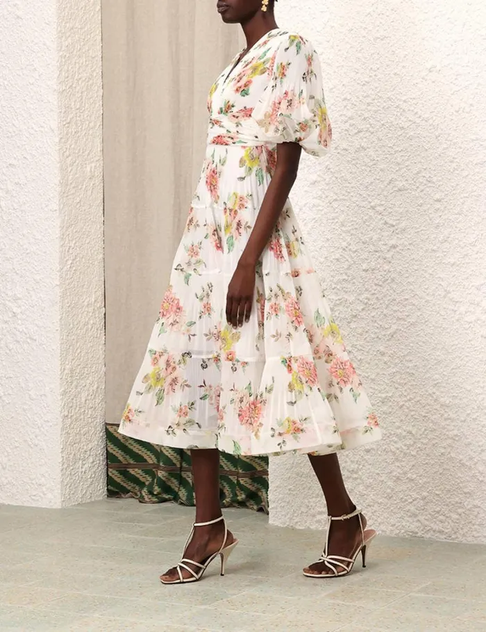 Women Dresses Zimmermann Pleated Midi Dress Coral Floral
