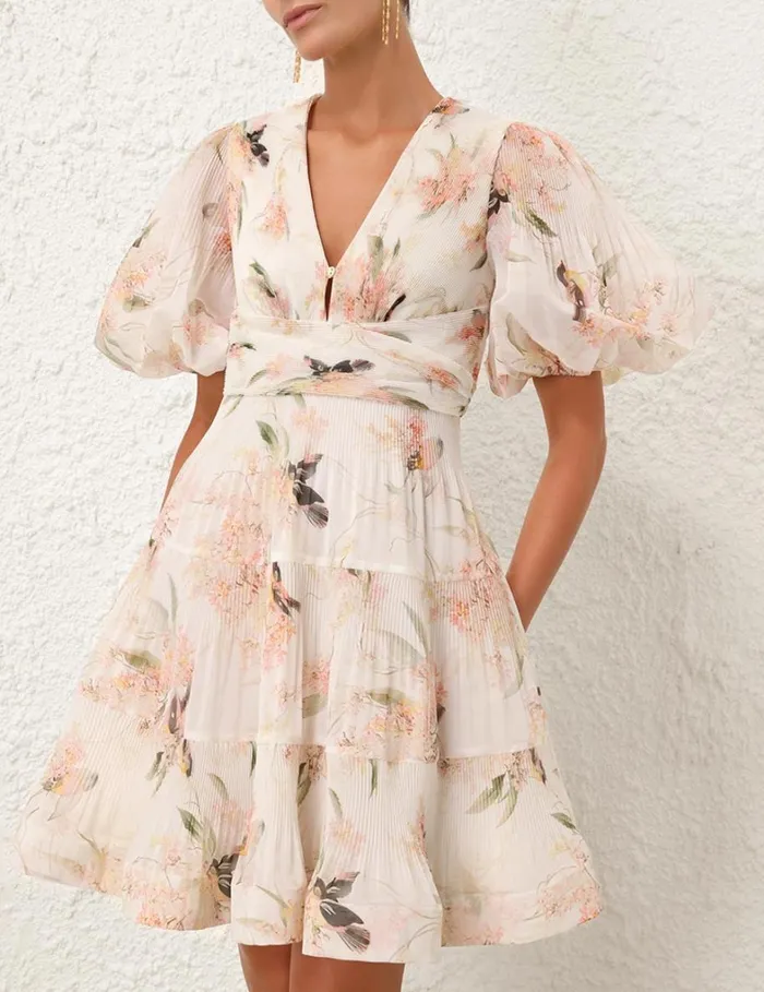 Women Dresses Zimmermann Pleated Mini Dress Coral Birds