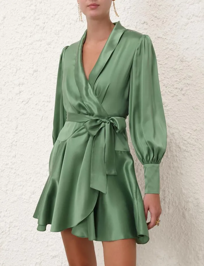 Women Dresses Zimmermann Silk Wrap Mini Dress Matcha