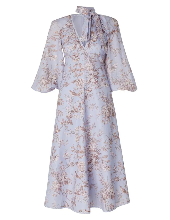 Women Dresses Zimmermann Tie Neck Midi Dress Blue Mockingbird