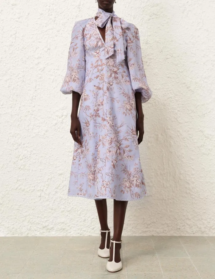 Women Dresses Zimmermann Tie Neck Midi Dress Blue Mockingbird