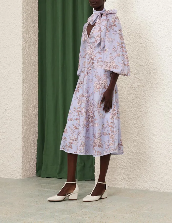 Women Dresses Zimmermann Tie Neck Midi Dress Blue Mockingbird