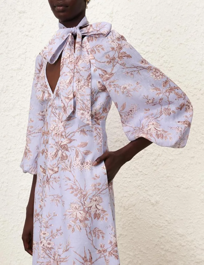 Women Dresses Zimmermann Tie Neck Midi Dress Blue Mockingbird