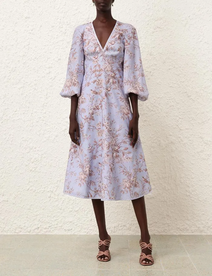 Women Dresses Zimmermann Tie Neck Midi Dress Blue Mockingbird