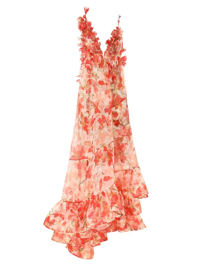 Women Dresses Zimmermann Tranquillity Floral Strap Gown Red Lily