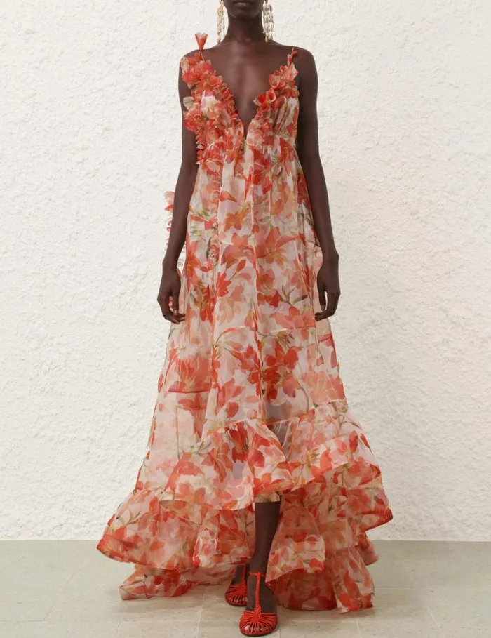 Women Dresses Zimmermann Tranquillity Floral Strap Gown Red Lily
