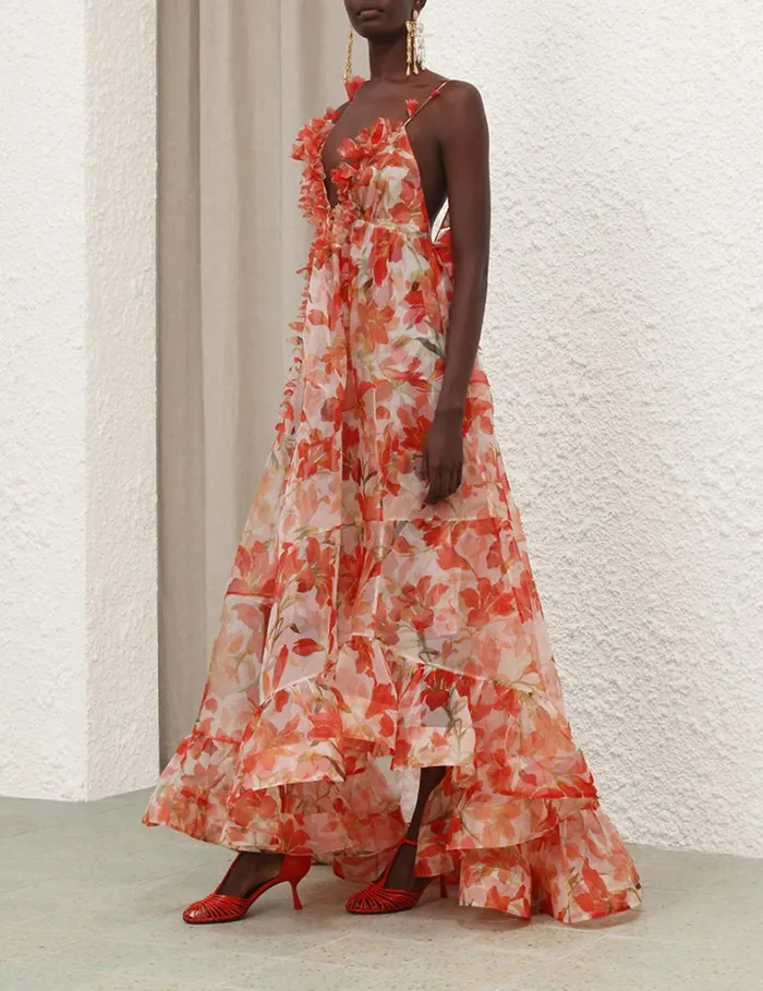 Women Dresses Zimmermann Tranquillity Floral Strap Gown Red Lily