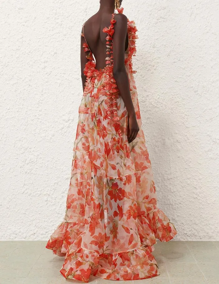 Women Dresses Zimmermann Tranquillity Floral Strap Gown Red Lily