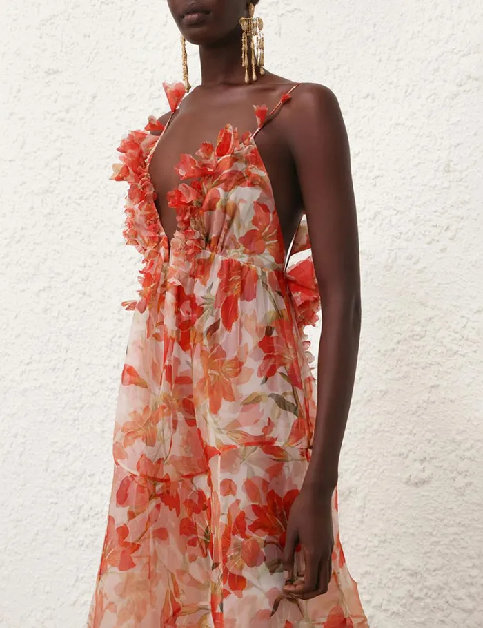 Women Dresses Zimmermann Tranquillity Floral Strap Gown Red Lily