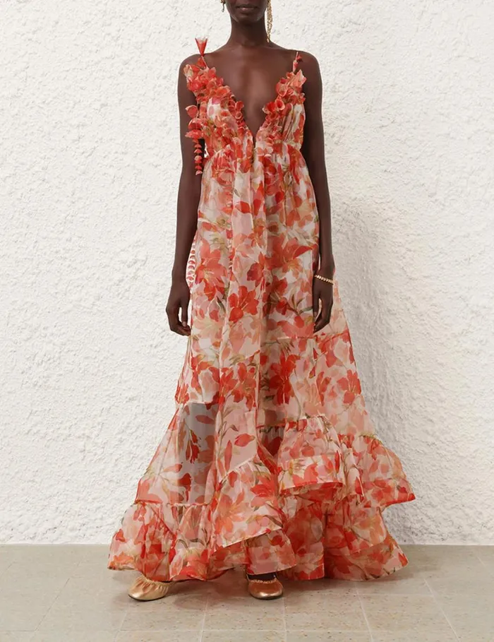 Women Dresses Zimmermann Tranquillity Floral Strap Gown Red Lily