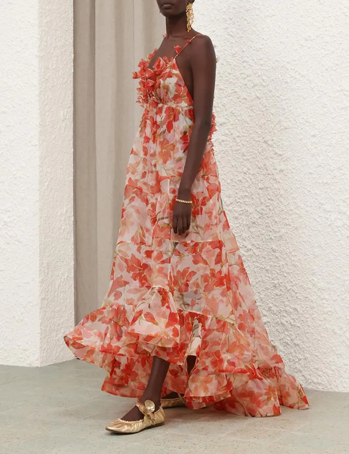 Women Dresses Zimmermann Tranquillity Floral Strap Gown Red Lily