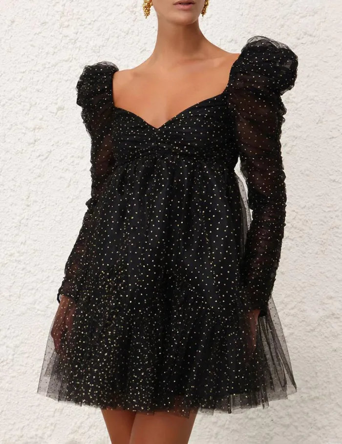 Women Dresses Zimmermann Tulle Ruched Mini Dress Blackgold Dot