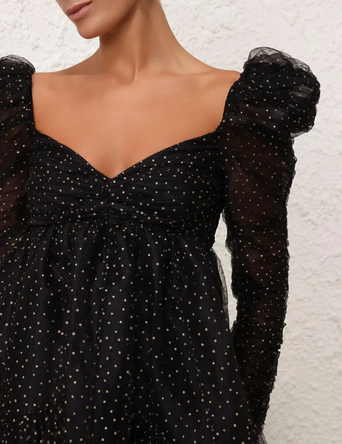Women Dresses Zimmermann Tulle Ruched Mini Dress Blackgold Dot