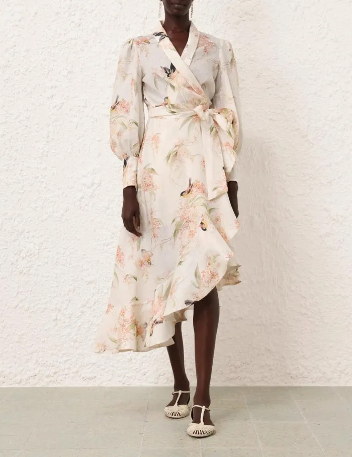 Women Dresses Zimmermann Wrap Midi Dress Coral Birds