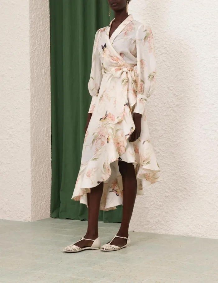 Women Dresses Zimmermann Wrap Midi Dress Coral Birds