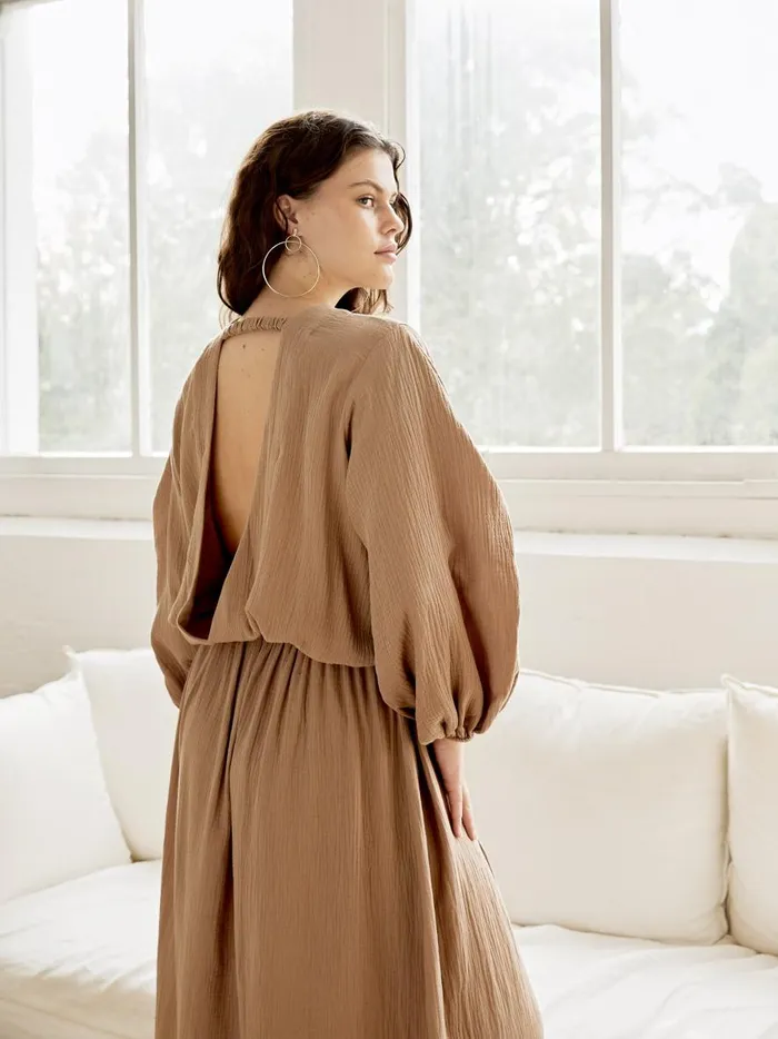 Women Floria Open Back Dress Almond The UNDONE Dresses