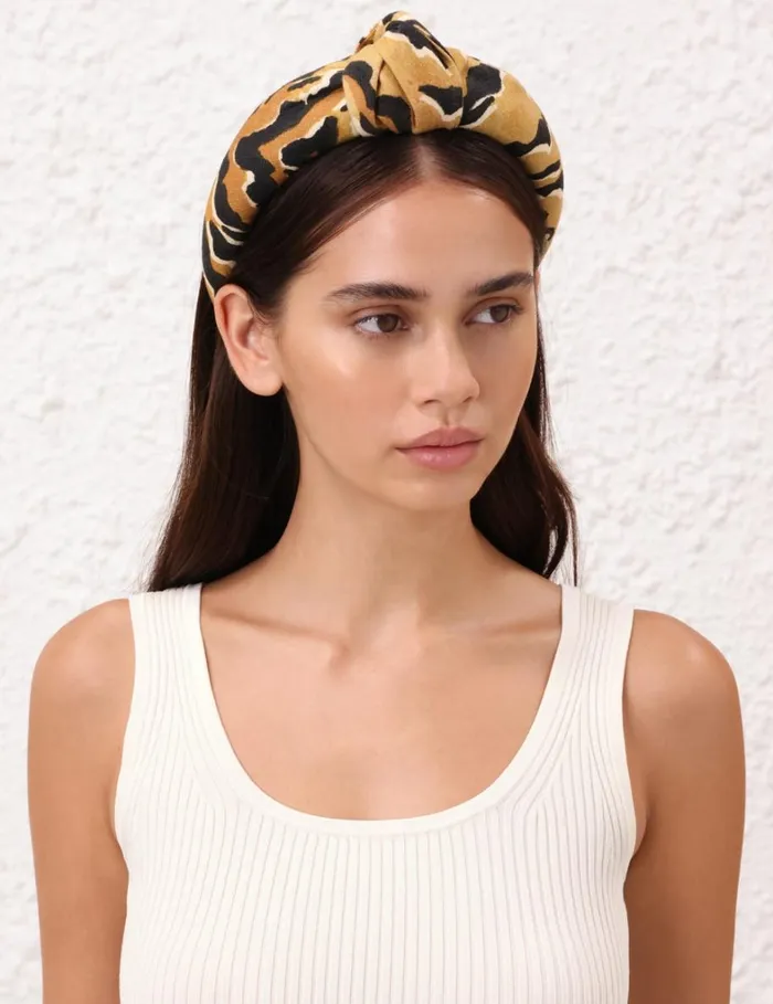 Women Hair Accessories Zimmermann Printed Linen Headband Tan Tiger