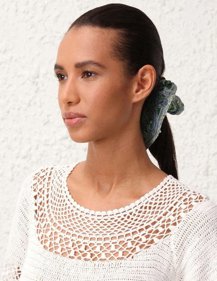 Women Hair Accessories Zimmermann Printed Silk Scrunchie Green Paisley