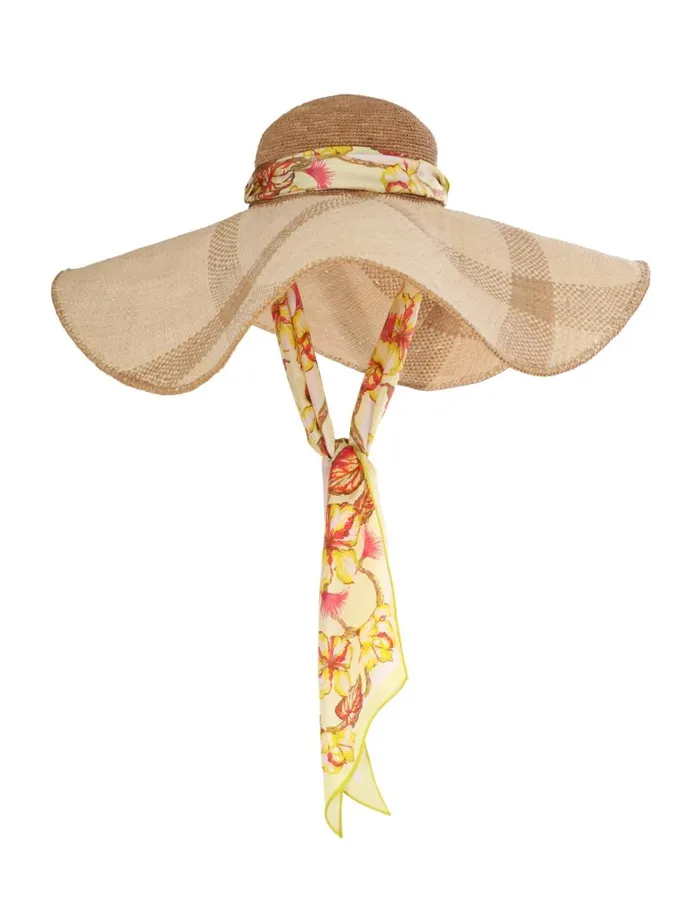 Women Hats Zimmermann Straw and Printed Silk Sunhat Yellow Hibiscus