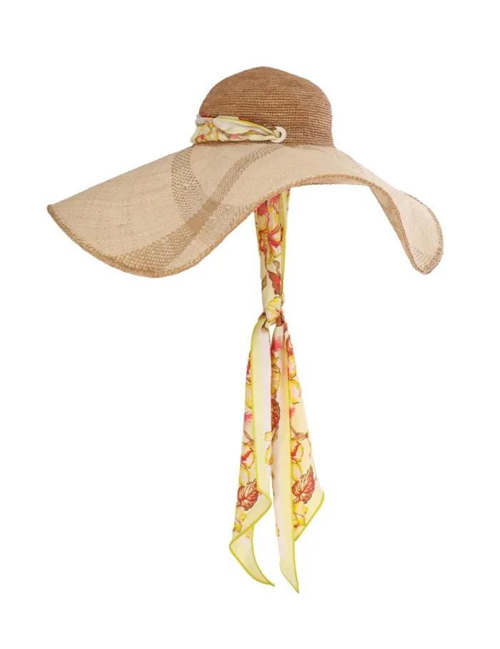 Women Hats Zimmermann Straw and Printed Silk Sunhat Yellow Hibiscus